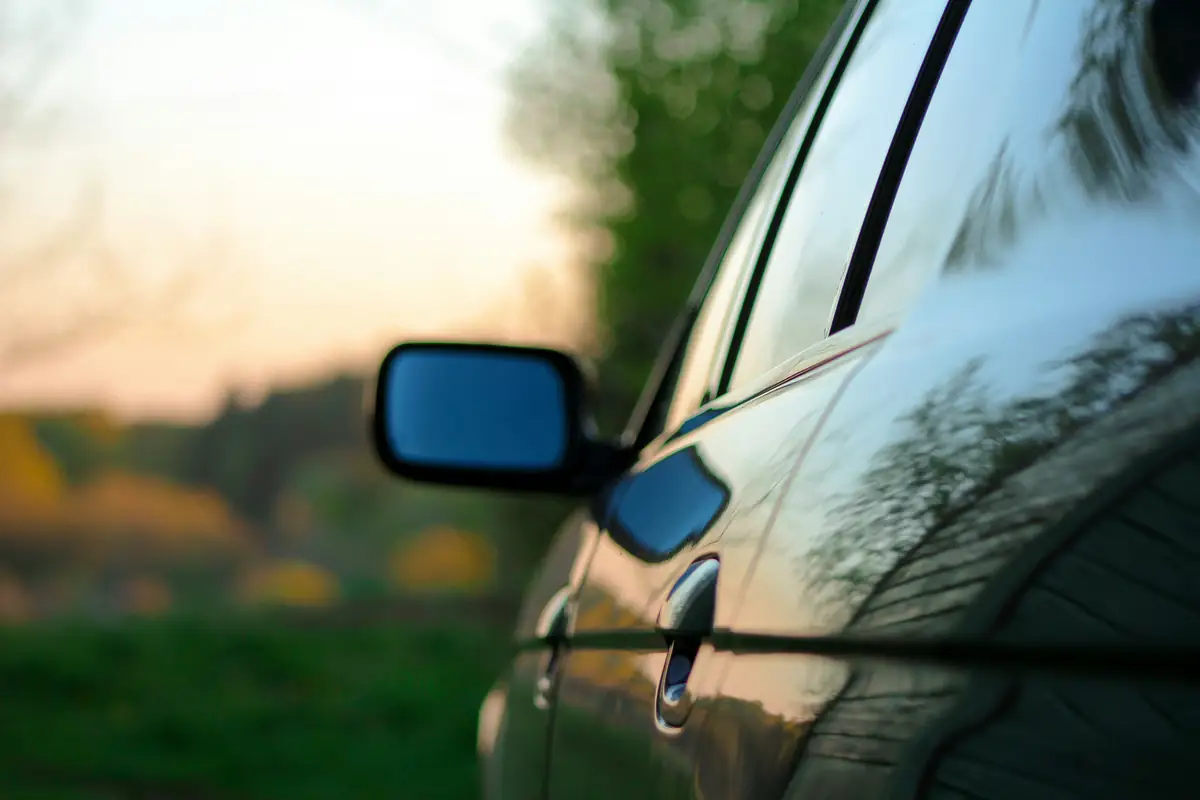 A car’s side mirror and windows reflecting trees in warm evening light